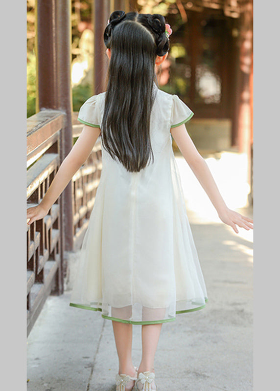 Classy White Stand Collar Print Tulle Maxi Dresses Summer