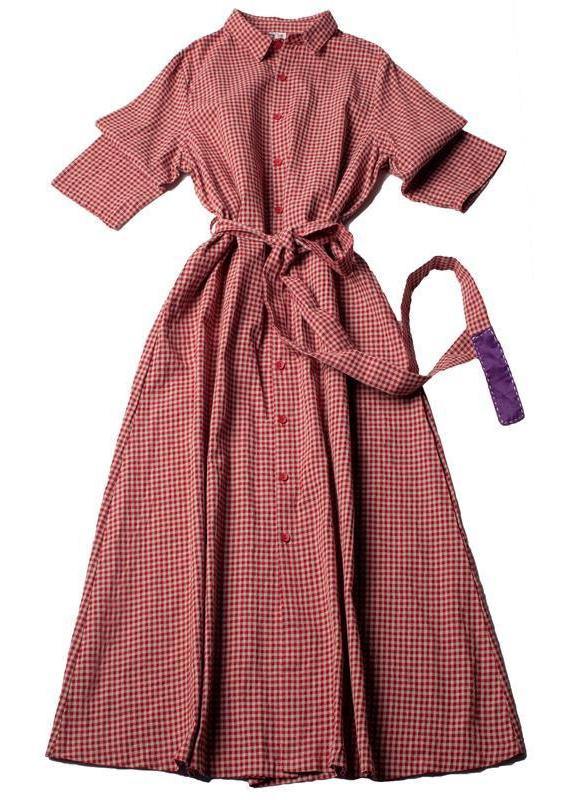 Classy Lapel Tie Waist Spring Dresses Shape Red Plaid Dress