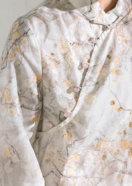 Classy light gray floral linen Long Shirts flare sleeve silhouette stand collar shirts
