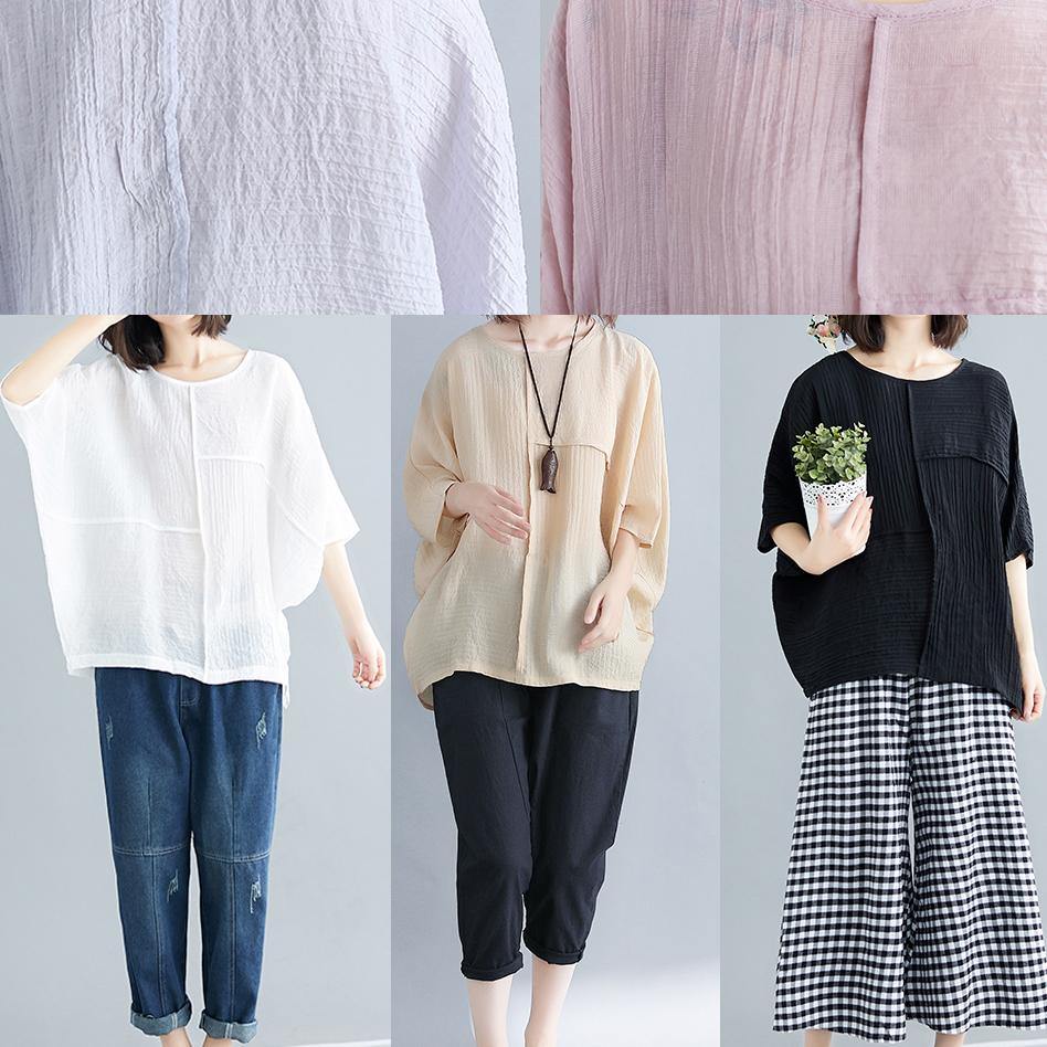 Classy O Neck Batwing Sleeve Patchwork Cotton Blended Tops Blouses Outfits Pink Short Blouse Summer