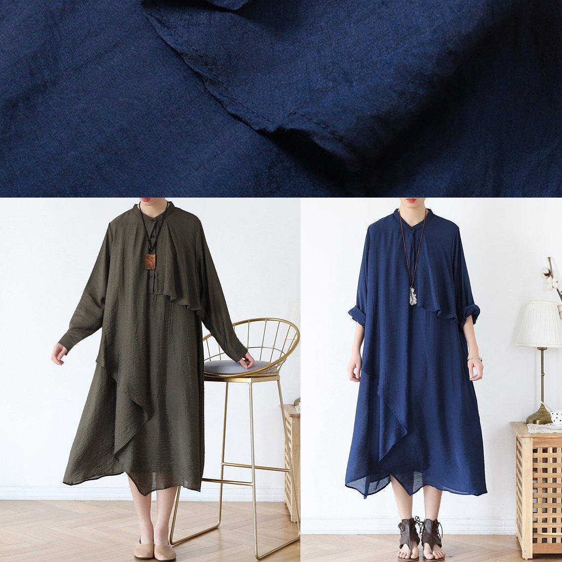 Classy O Neck Asymmetric Fall for Long Sleeve Blue Long Dresses