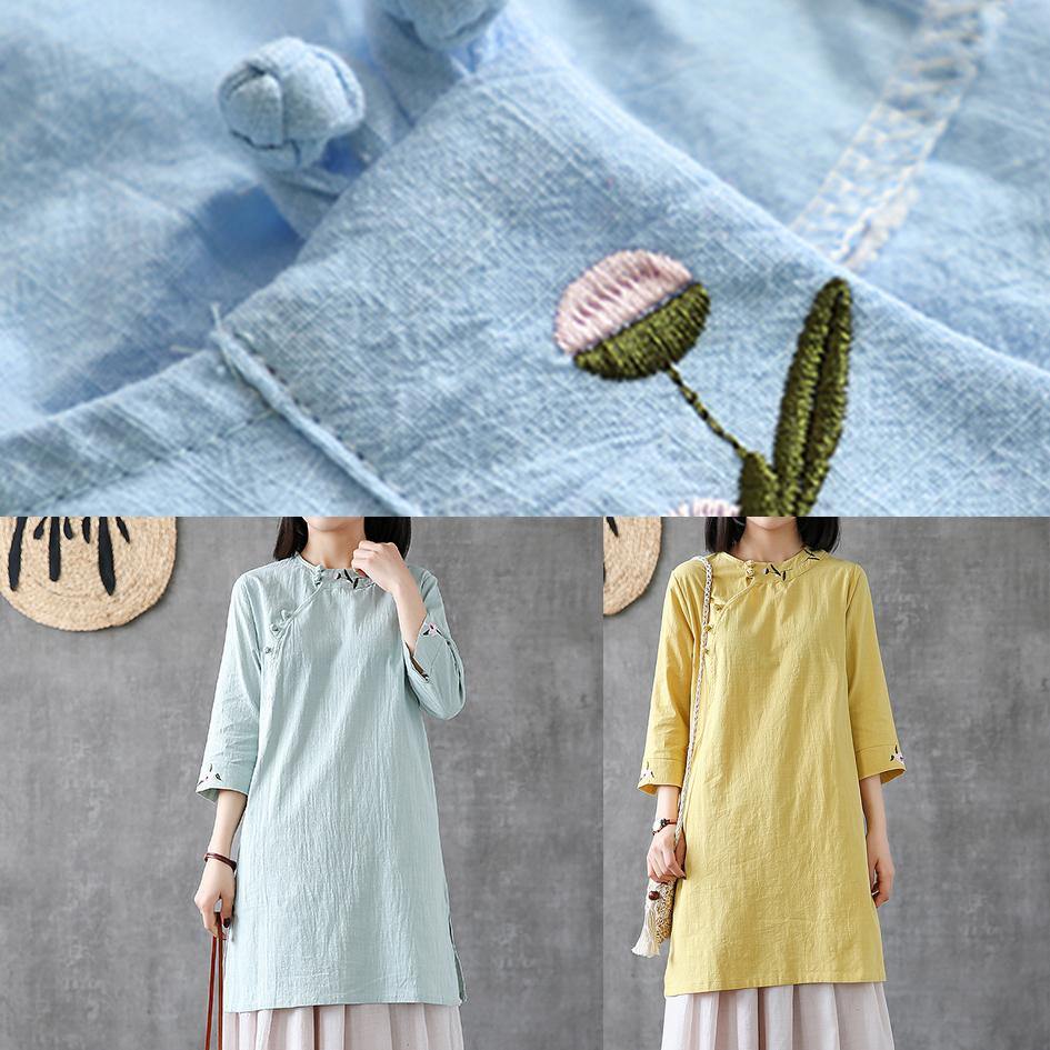 Classy O Neck Embroidery Linen Robes Work Light Blue Dress