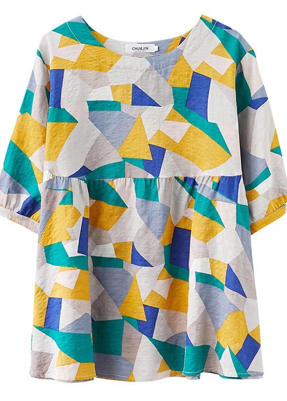 Classy O Neck Lantern Sleeve Linen Summer Tunics for Blue Print Shirts