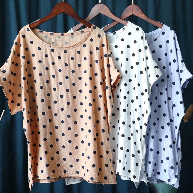 Classy O Neck Shirts Light Purple Dotted Short Tops