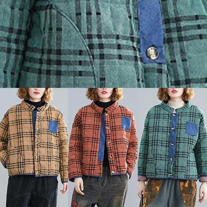 Classy Stand Collar Patchwork Clothes for Runway Khaki Plaid Tops