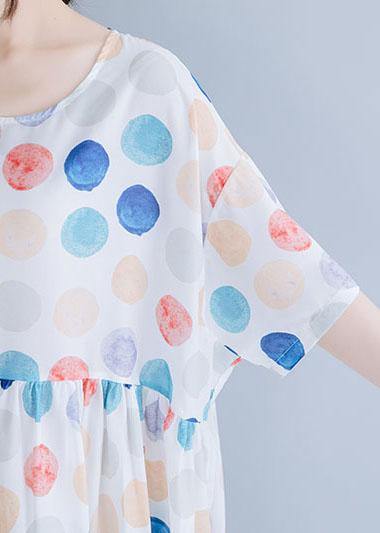 Classy White Dotted Cotton Clothes O Neck Cinched Maxi Summer Dress