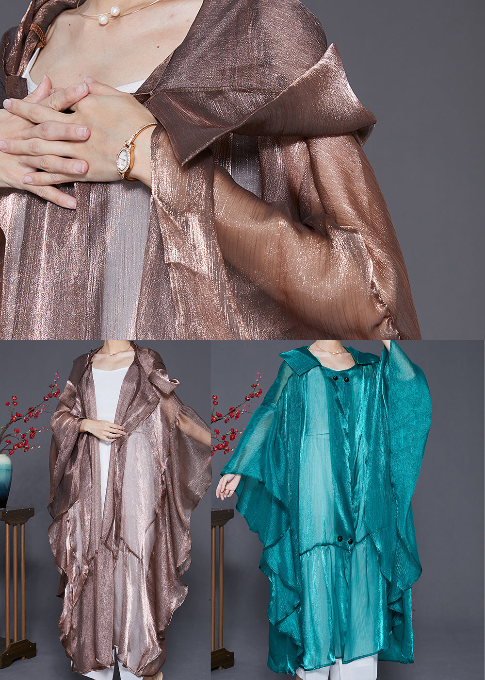 Coffee Patchwork Silk Upf 50+ Long Cardigans Hooded Batwing Sleeve