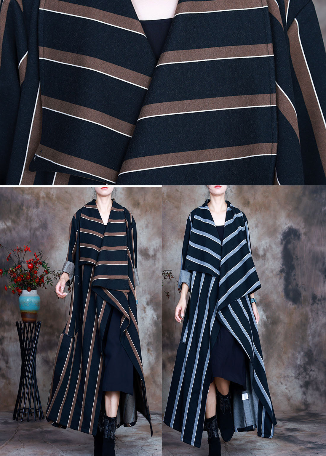 Chocolate Striped Woolen Trench Coats Pockets Spring