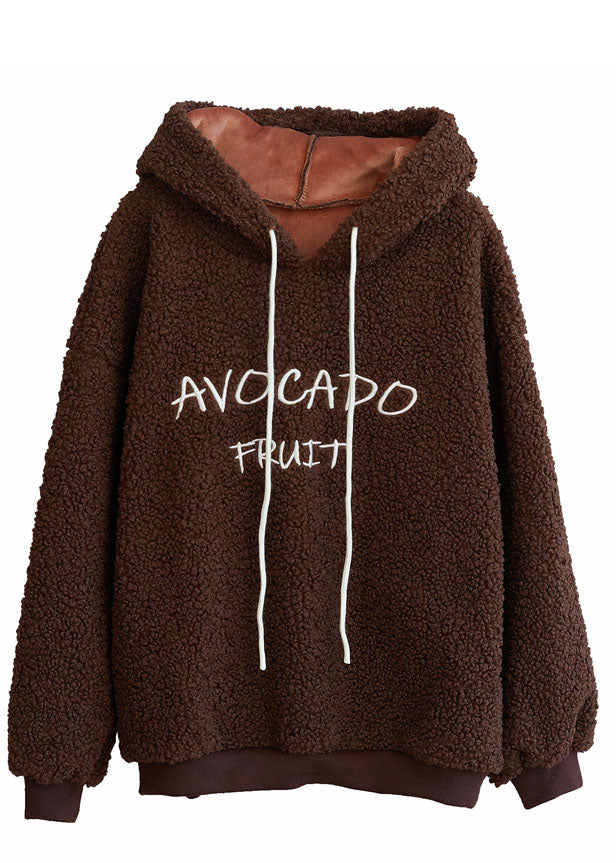 Chocolate Thick Fleece Wool Sweatshirt Letter Embroideried Winter