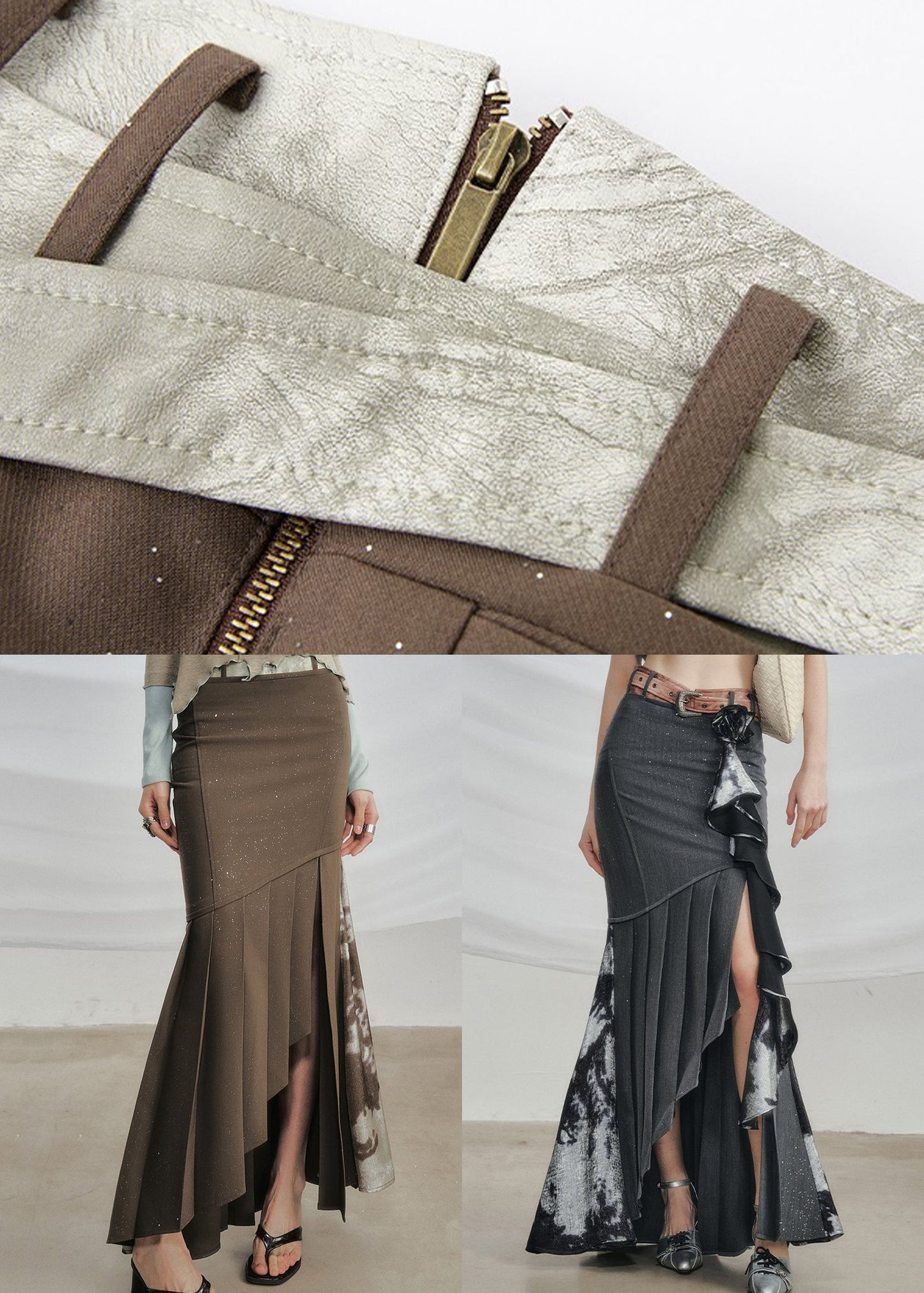 Coffee Zip Up Side Open Cotton Fall Skirts Asymmetrical
