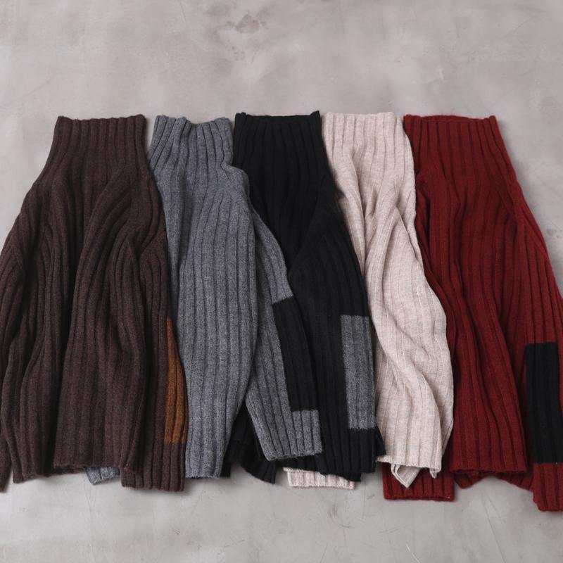 Comfy Burgundy Knit Blouse Patchwork Sleeve High Neck Knit Tops
