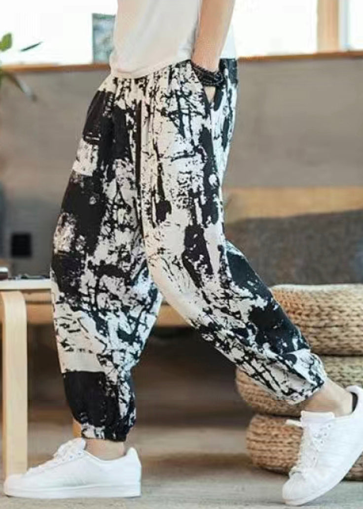 Cool Black Print Pockets Elastic Waist Cotton Crop Pants Summer