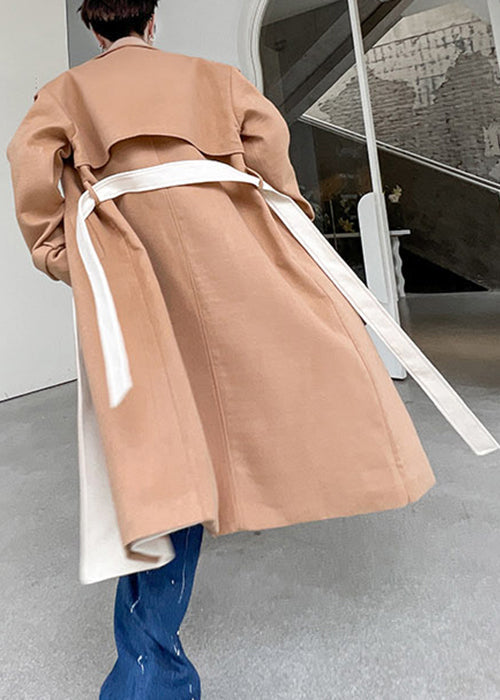 Cool Khaki Notched Tie Waist Patchwork Woolen Trench Coat Winter