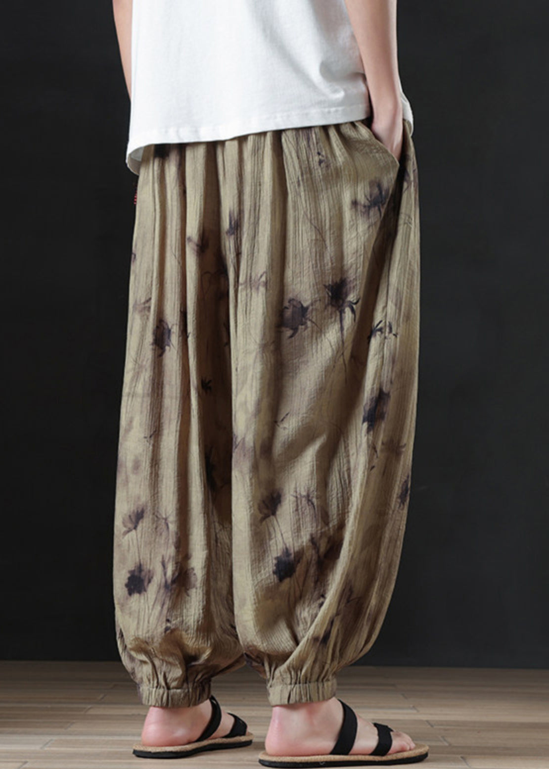 Cool Khaki Print Pockets Cotton Beam Pants Summer