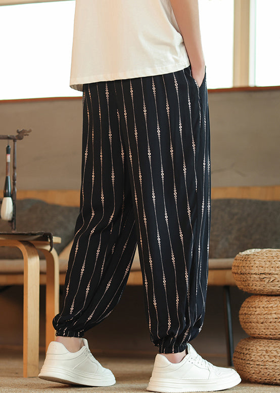 Cool Striped Pockets Elastic Waist Cotton Crop Pants Summer
