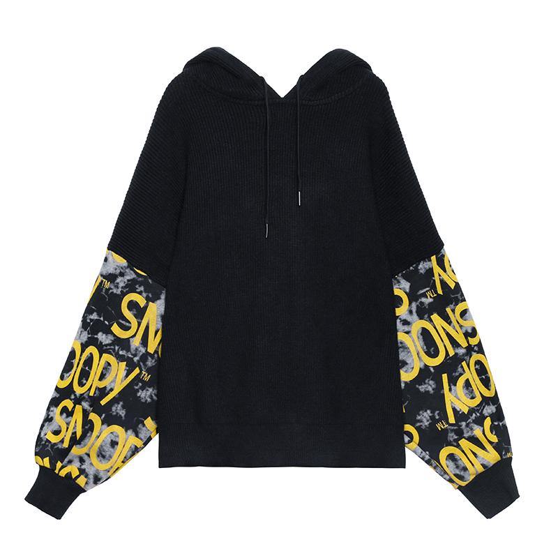 Cozy black Letter crane tops hooded fall fashion knitwear