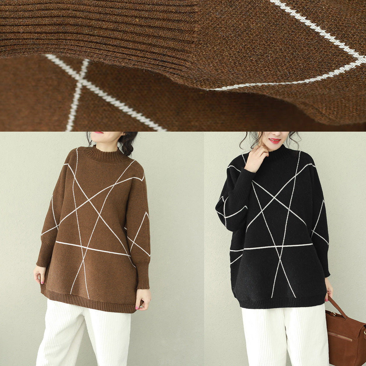 Cozy Black Knitted Outwear Loose Fitting O Neck Knitted Tops
