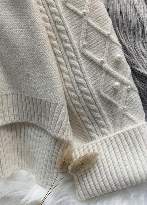 Cozy High Neck Beige Knitwear Spring Low High Design Knit Tops