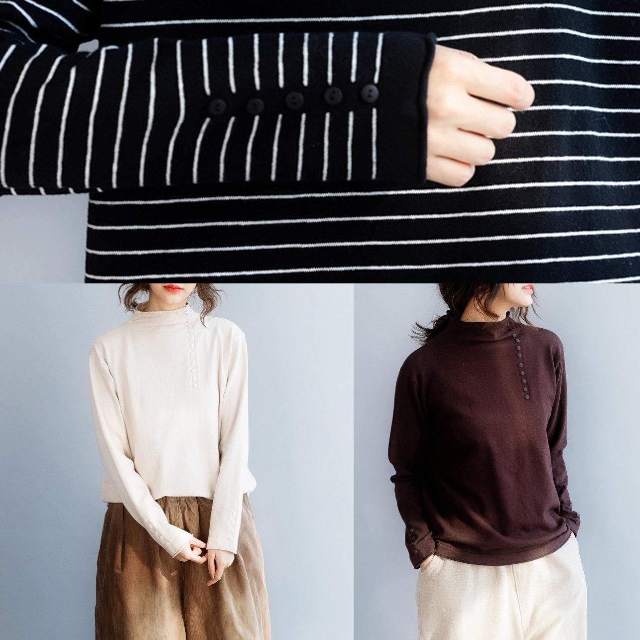 Cozy high neck chocolate knit tops oversize side open collar knit blouse