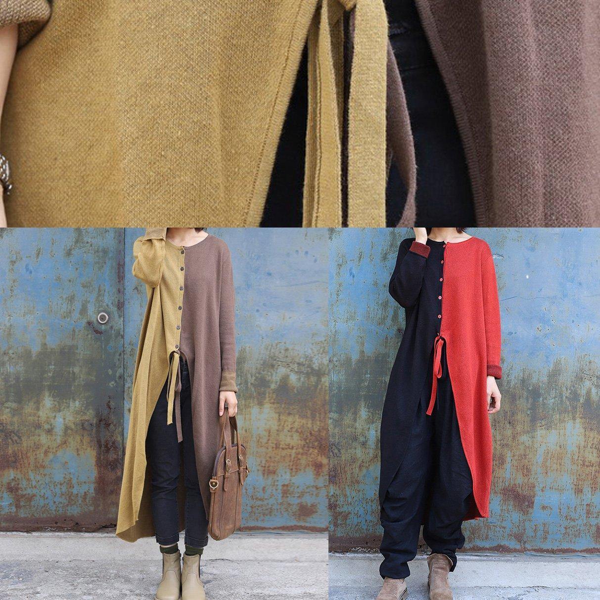 Cozy Khaki Patchwork Yellow Fall O Neck Asymmetric Hem Knit Outwear
