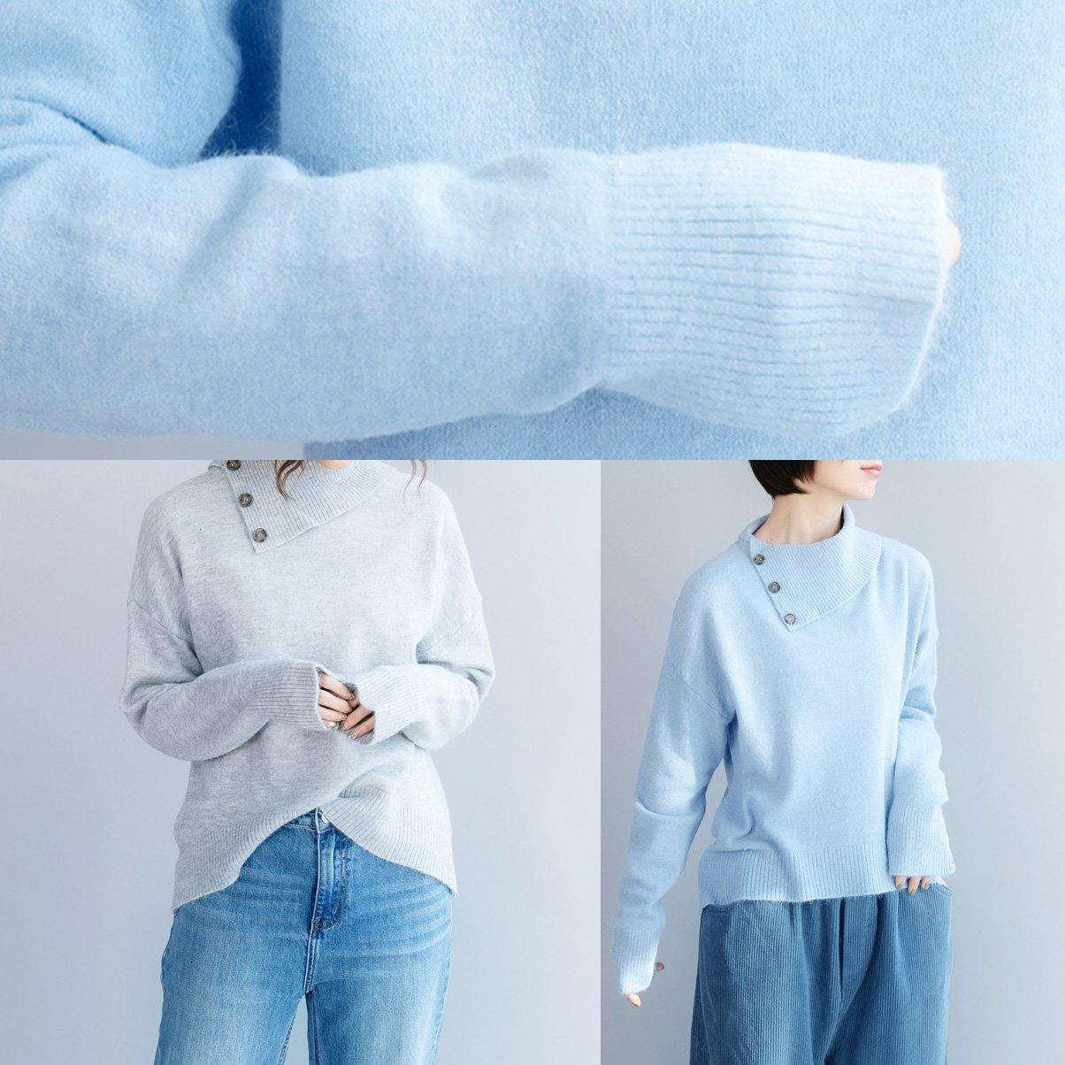 Cozy Winter Light Blue Knit Sweat Tops Long Sleeve Clothes