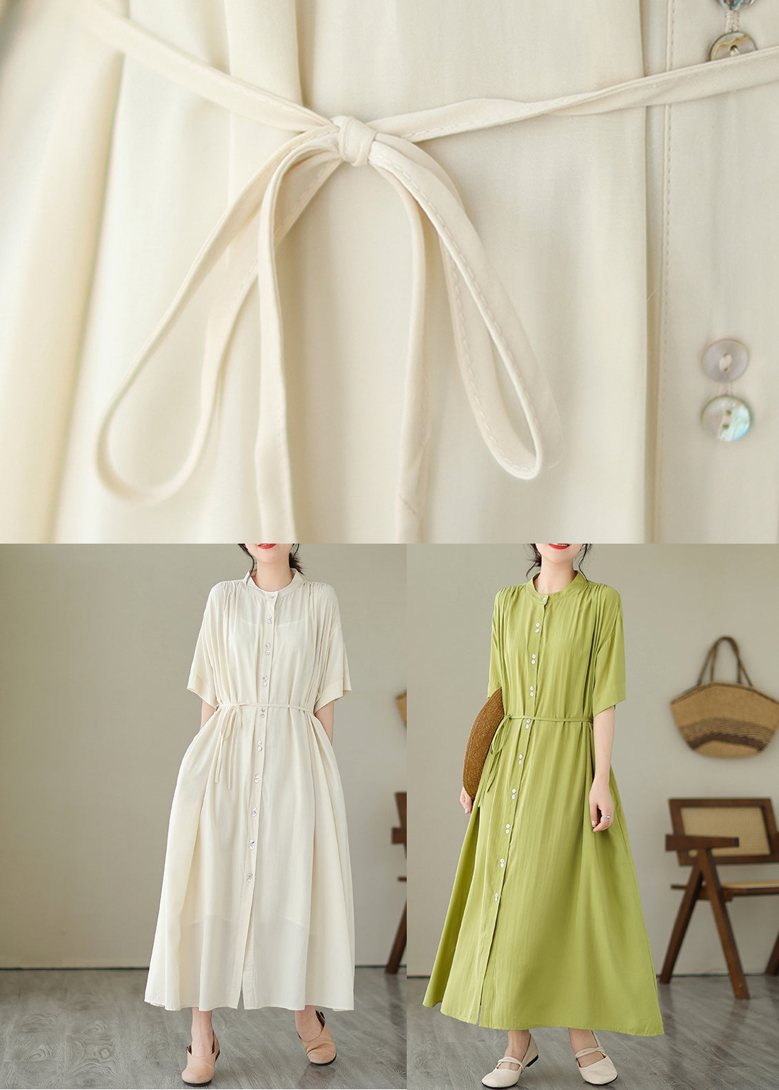 Apricot Tie Waist Long Dress Short Sleeve
