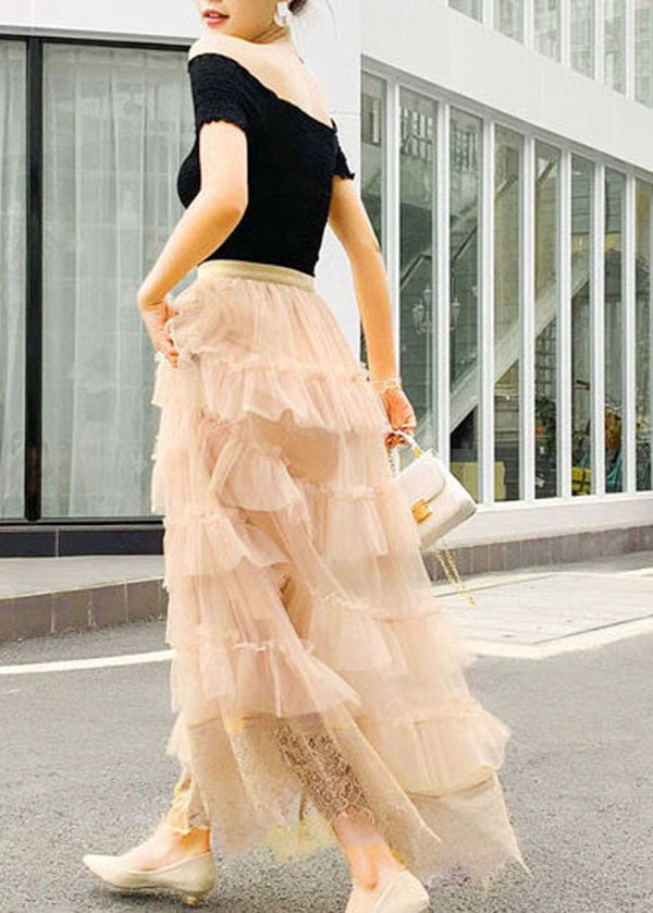 Apricot Wrinkled Lace Patchwork Tulle Skirts Spring
