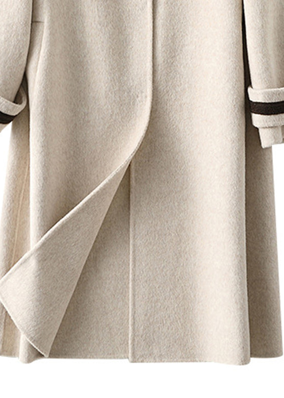 Beige Square Collar Button Woolen Long Coats Fall