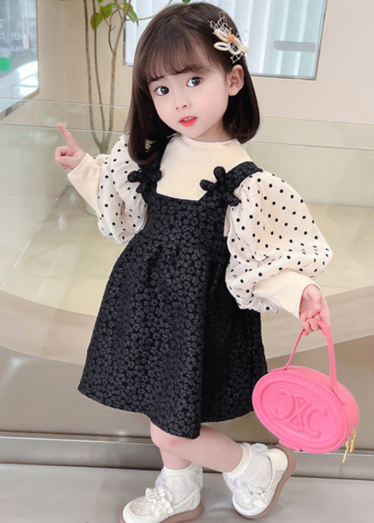 Black Dot Patchwork False Two Pieces Cotton Dresses Lantern Sleeve