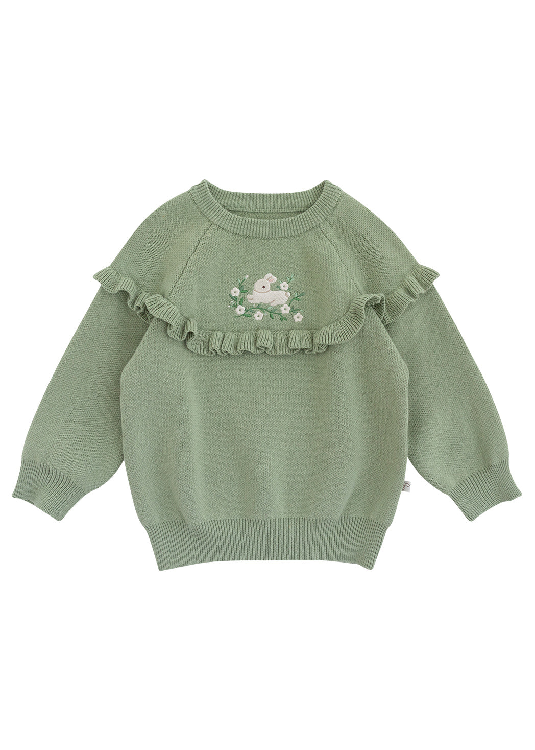 Green Embroideried Ruffled Patchwork Cotton Knit Knit Sweaters Spring