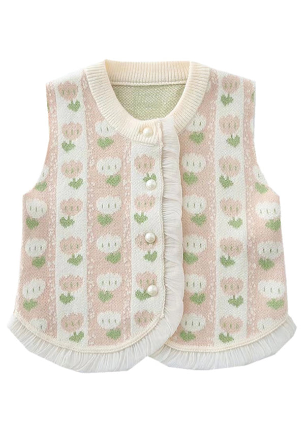 Green O Neck Button Patchwork Kids Waistcoat Sleeveless