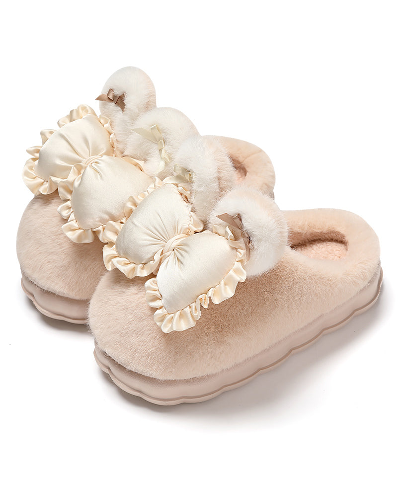Khaki Slippers Shoes Splicing Bow Fuzzy Wool Lined