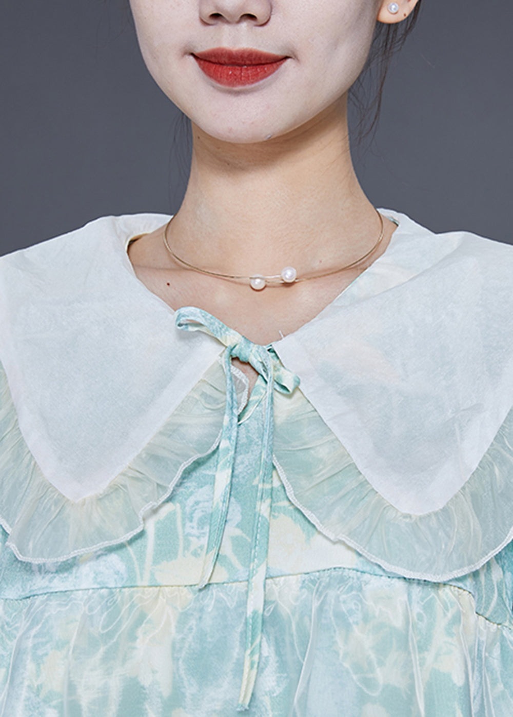 Light Blue Bow Collar Print Tulle a Line Dress Summer
