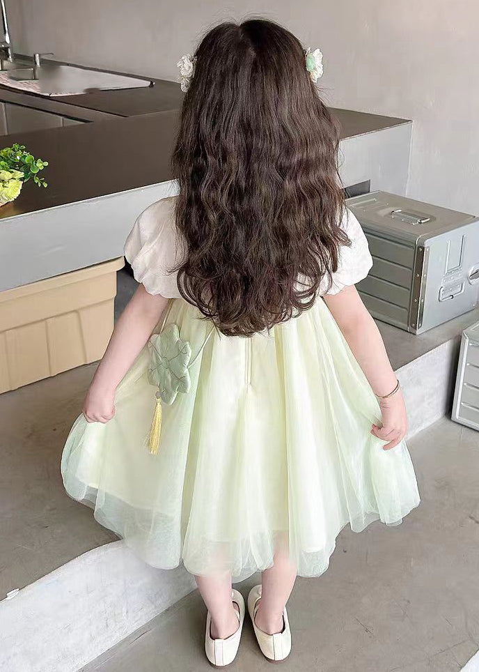 Light Green Square Collar Patchwork Tulle Kids Long Dresses Short Sleeve