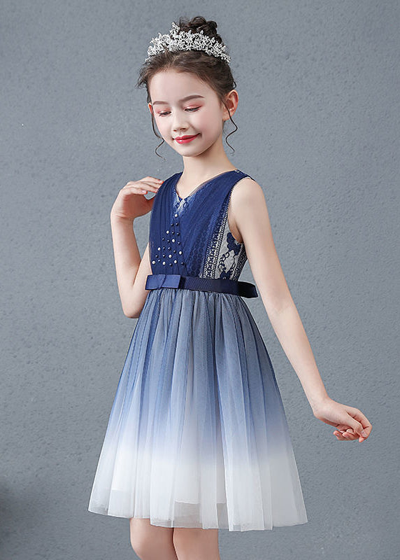 Navy V Neck Nail Bead Gradient Color Tulle Baby Maxi Dress Summer