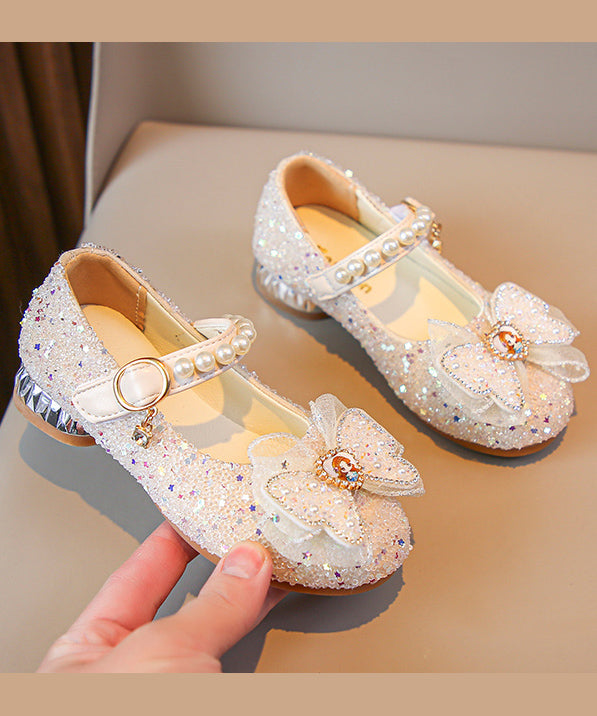 Pink Bow Zircon Nail Bead Buckle Strap Kids Princess Shoes