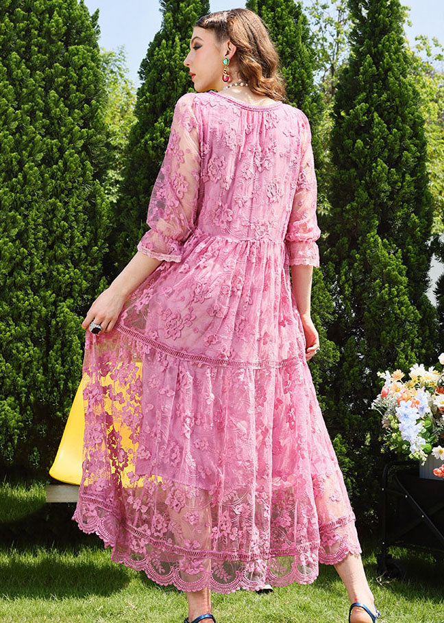 Pink O-neck Embroidered Patchwork Tulle Long Dress Bracelet Sleeve