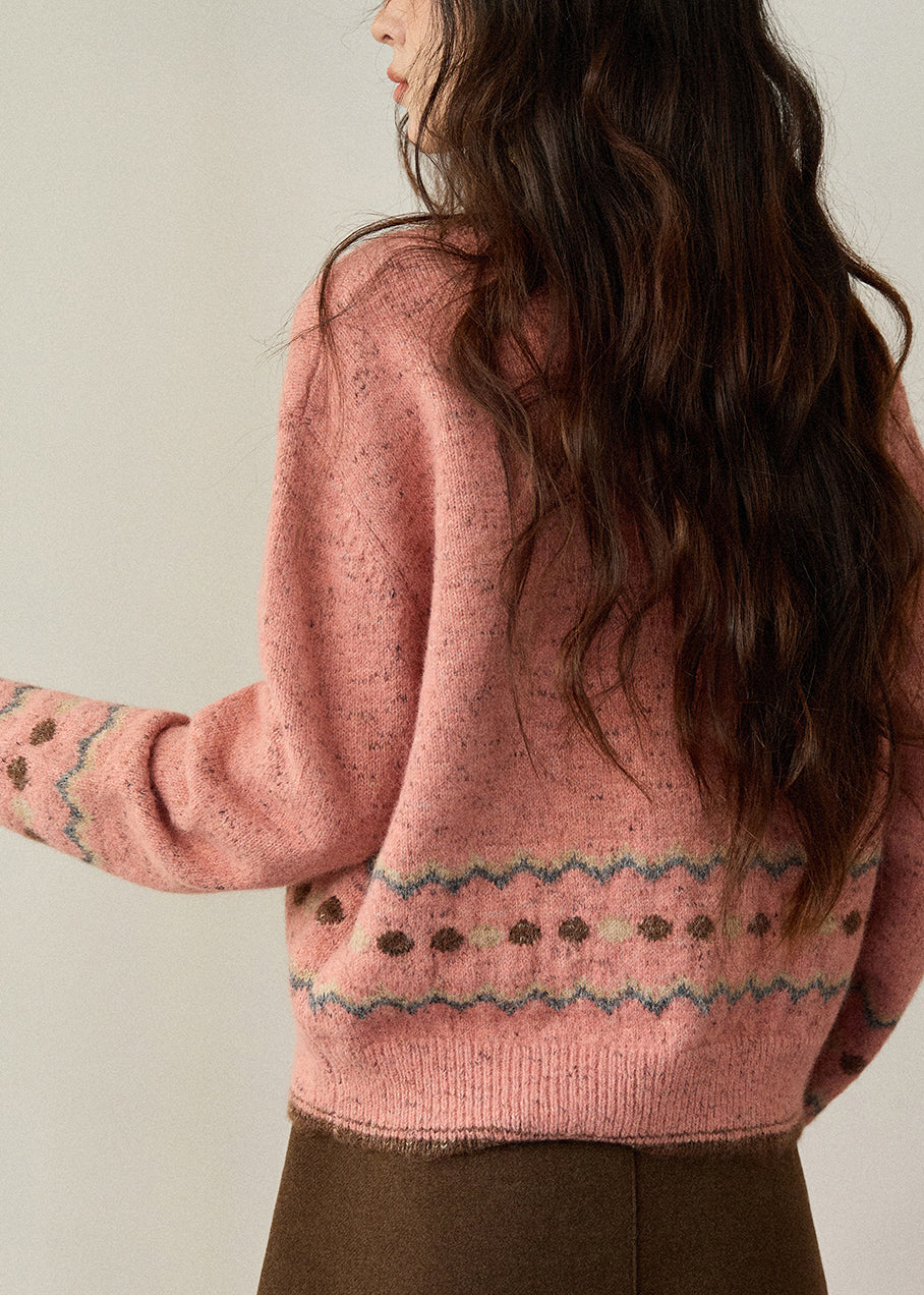 Pink O-neck Print Button Cotton Knit Cardigans Spring