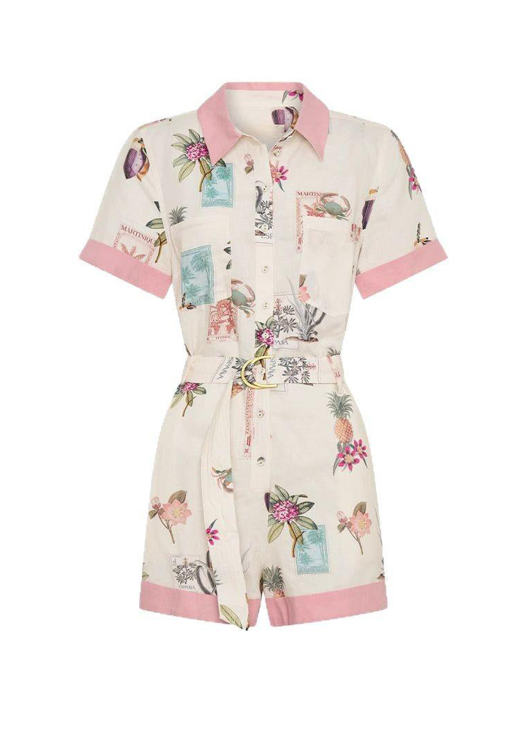 Pink Peter Pan Collar Button Shirts and Shorts Two Pieces Set Summer