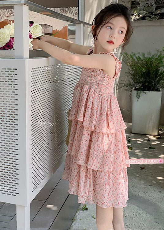 Pink Ruffled Layered Patchwork Chiffon Kids Dress Summer
