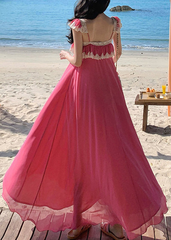 Pink Square Collar Ruffled Maxi Dresses Short Sleeve