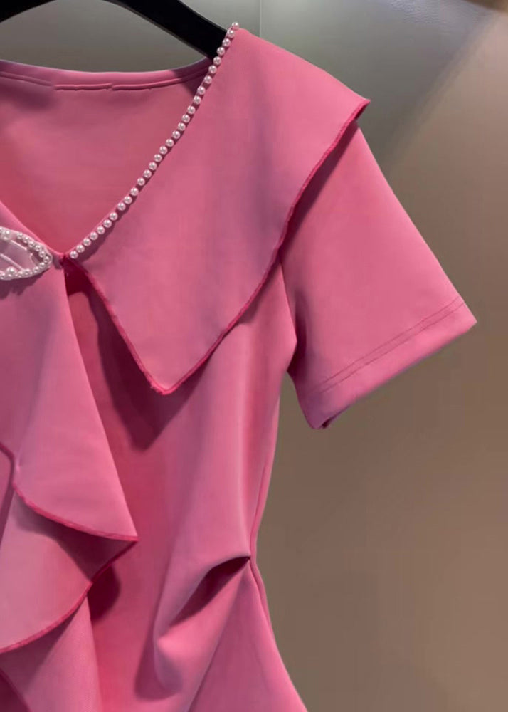 Pink V Neck Embroidered Butterfly Nail Bead Top Short Sleeve