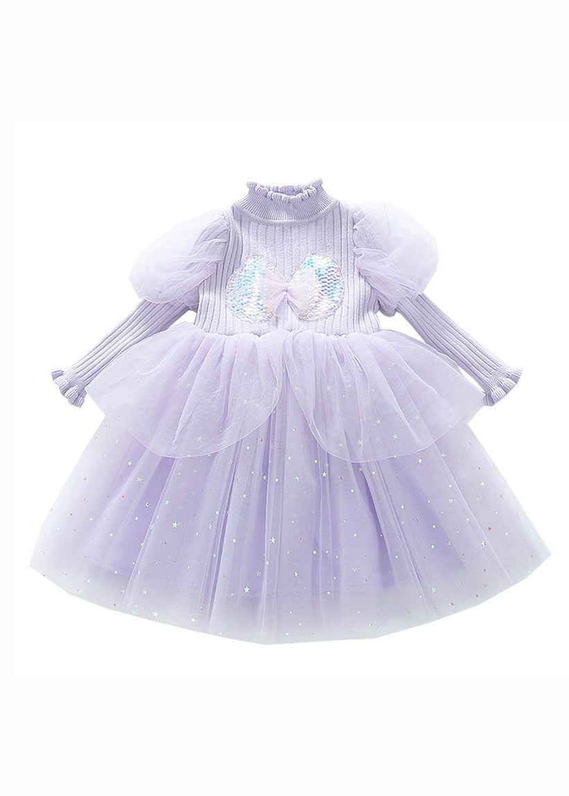 Purple Ruffled Sequins Patchwork Warm Fleece Kids Dress Winter