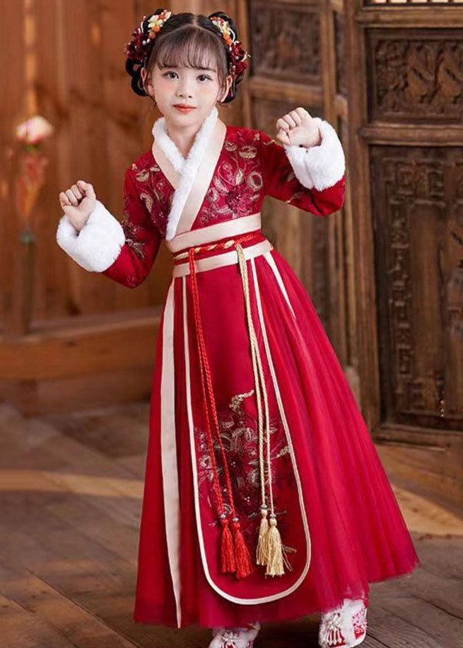 Red Tie Waist Embroideried Patchwork Tulle Kids Maxi Dresses Long Sleeve