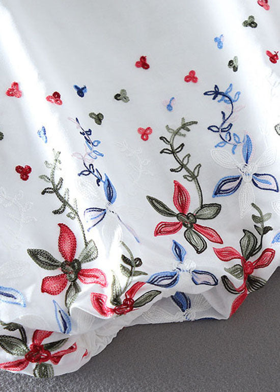 White O-neck Embroideried Chiffon Tops Lantern Sleeve