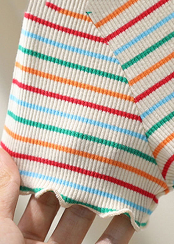 White O-neck Striped Knit Cotton Top Summer