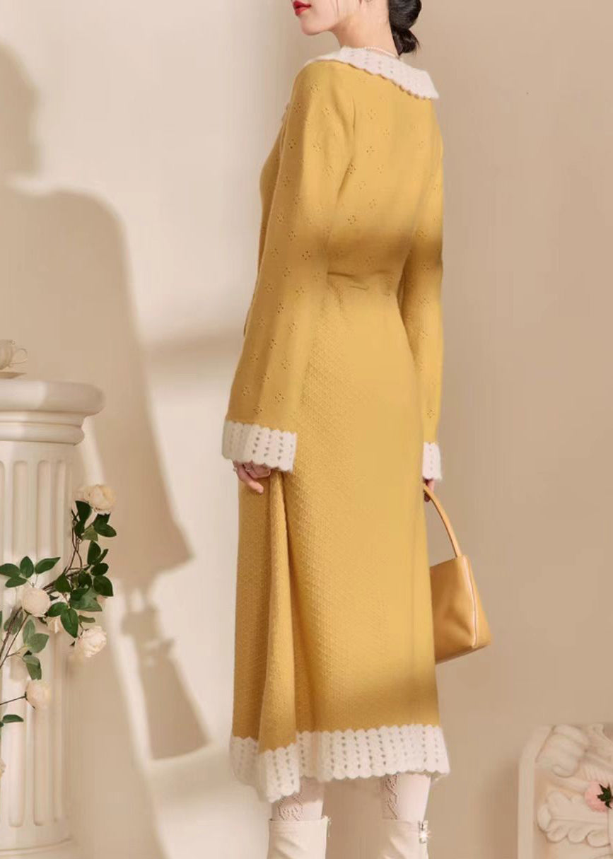 Yellow Peter Pan Collar Tie Waist Hollow Out Long Dress Spring