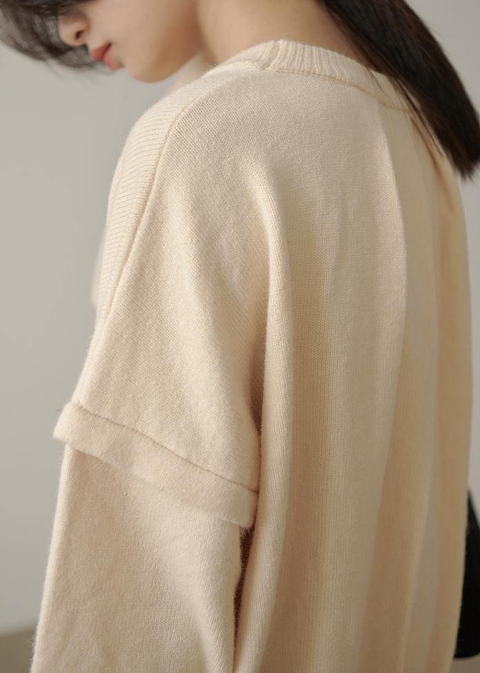 Beige Crane Tops O Neck Cinched Sweaters