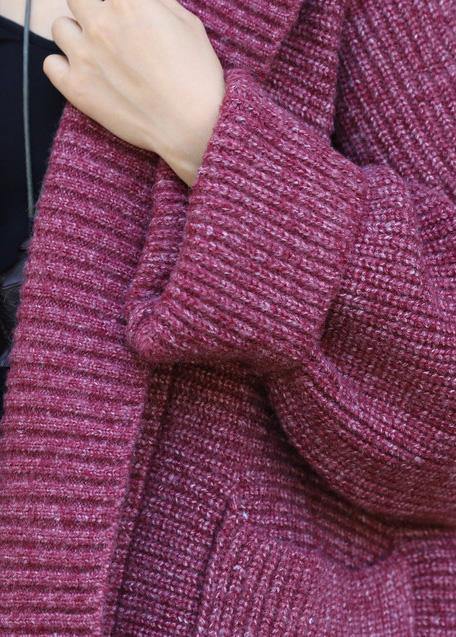 Hooded Knitted Coat Oversize Red Two Big Pockets Sweater Coat