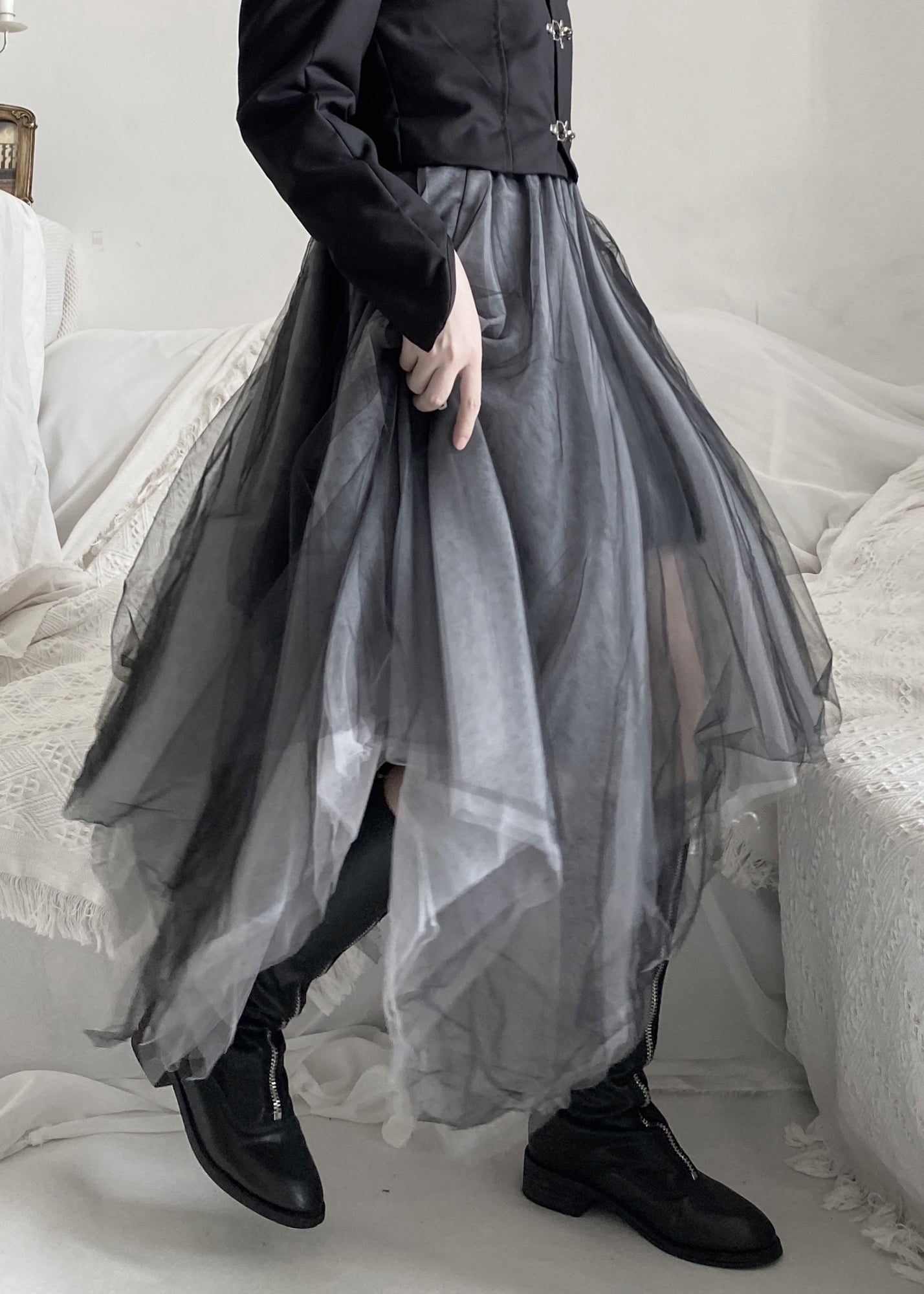 Diy Black Asymmetrical Wrinkled Tulle a Line Skirt Fall